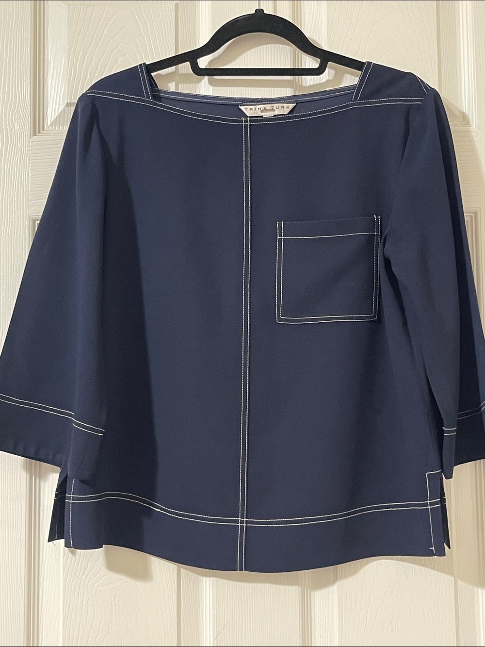 Trina Turk Navy Blouse with White Topstitching